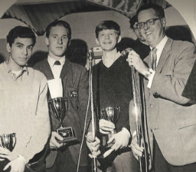 Battle of The Bands 1965: ( L to R) Larry Borjas of the Mysterians, a Motor City Bonneville, Charlie Kazmierski of the Mustangs, and Bob Dyer of WKNX