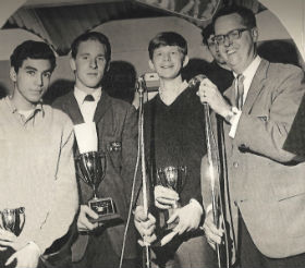 Battle of The Bands 1965: ( L to R) Larry Borjas of the Mysterians, Hal Fitzpatrick of the Motor City Bonnevilles, Charlie Kazmierski of the Mustangs, and Bob Dyer of WKNX