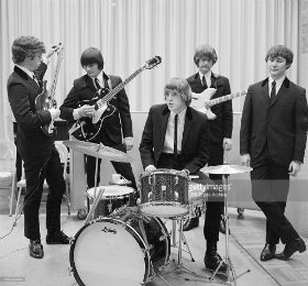 The Byrds' first publicity photo: (L to R) C. Hillman, G. Clark, M. Clarke, J. McGuinn, D. Crosby