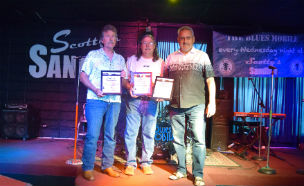 (L to R) Bob Charlebois, Joe Charlebois, receive their MRRL HOF certificates from Gary "Dr. J" Johnson at Scotty's Sandbar