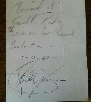 Wagner's record production receipt from Tonto & The Renegades session